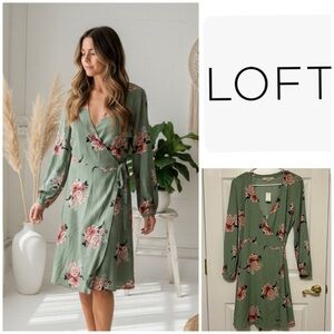NWT!! LOFT Sage Green Floral True Wrap Dress with Pink Blooms
